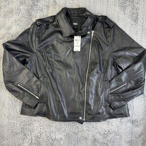 NEW INC Womens Faux Leather Moto Jacket Black Size 2X Zipper Details Snap Collar